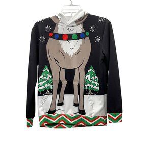 Christmas Reindeer Hoodie Adult Unisex Size S? Black Holiday Pullover Used